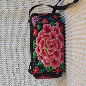 Four-Sided Embroidered Crossbody Bag, Pink Peony, Three Zippered Compartments